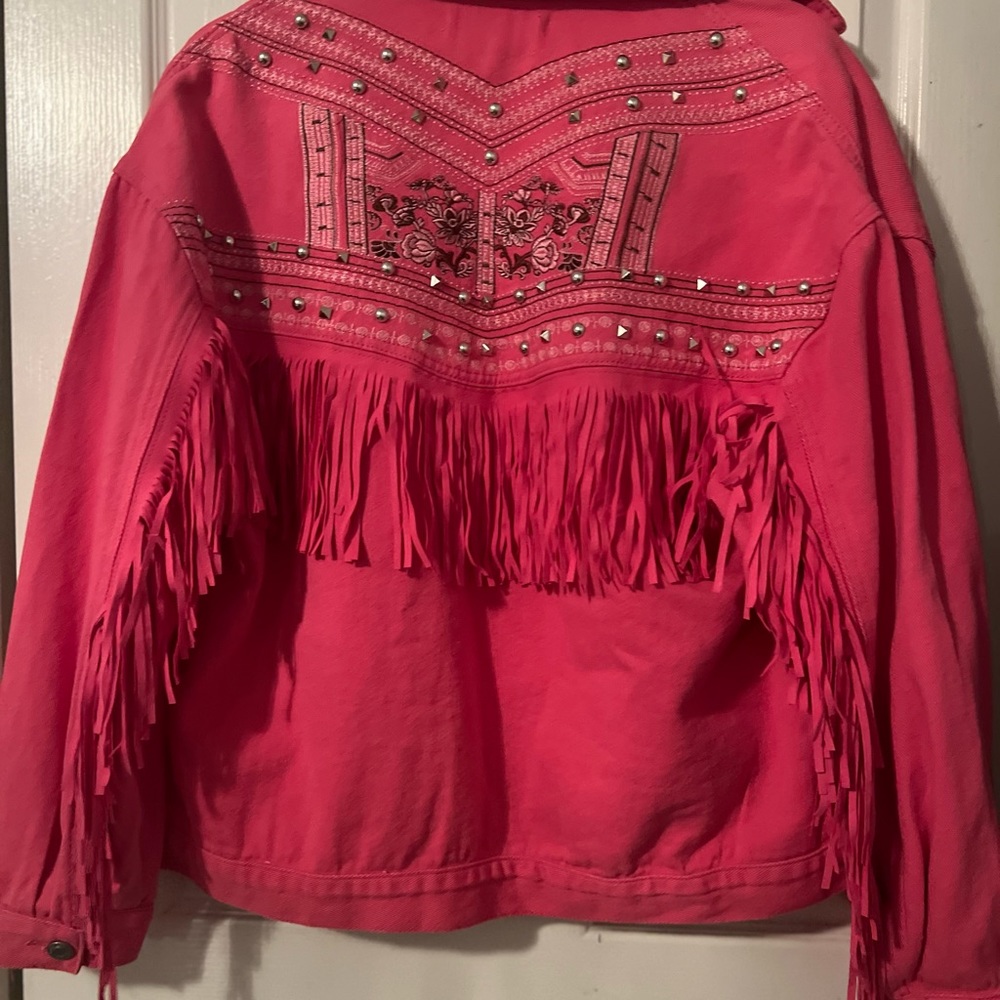 Hot Pink Denim Fringe Jacket